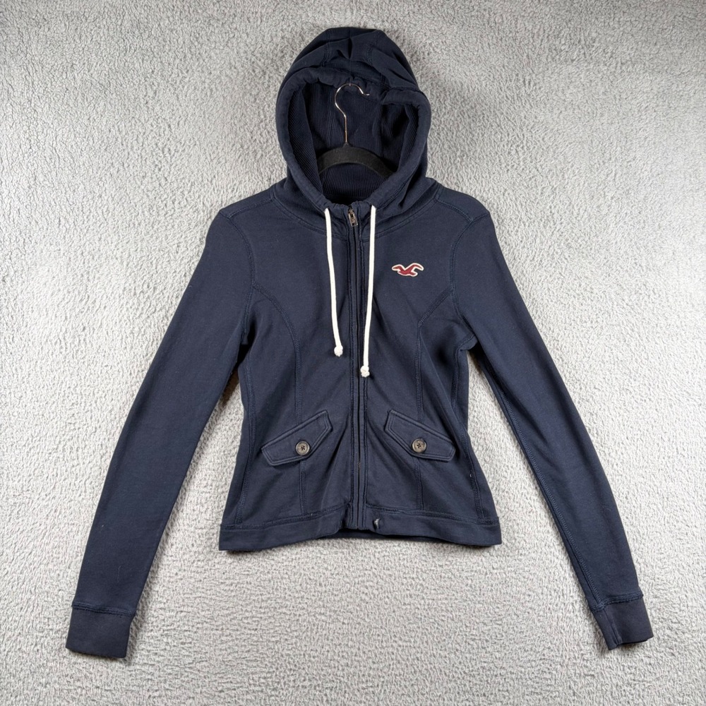 Hollister Womens Y2K Navy Blue Full Zip Hoodie Small Seagull Logo Fleece Jacket